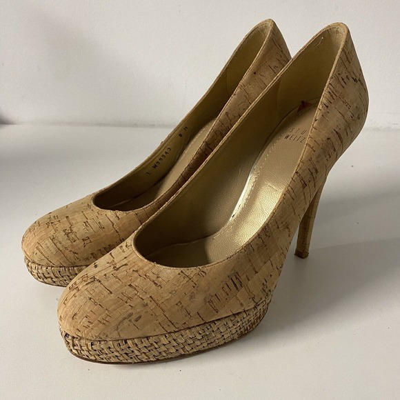 Stuart Weitzman Pump Cork Raffia Natural Beige Platform Round Toe Slim H… - Picture 6 of 10